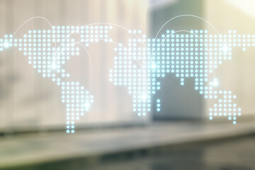 Poster - Abstract virtual world map with connections on blurry modern office building background, international trading concept. Multiexposure