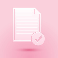 Poster - Paper cut Document and check mark icon isolated on pink background. Checklist icon. Business concept. Paper art style. Vector.