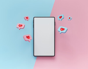 Poster - modern social network Icons with a smartphone. abstract trendy colorful design for social media advertising and marketing. technology concept. 3d rendering