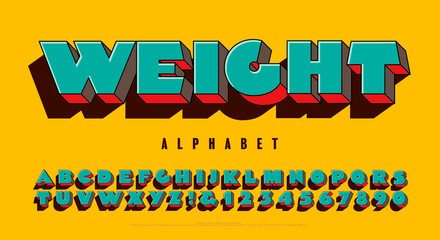 Sticker - Extra Heavy 3d Alphabet Design in Bright Colors. Weight Font is a Super Extra Bold Capitals Lettering Style with a Fun Pop Art Vibe and a Vivid Vintage Color Scheme.