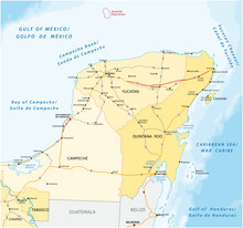 Road And Administrative Vector Map Of The Yucatan Peninsula