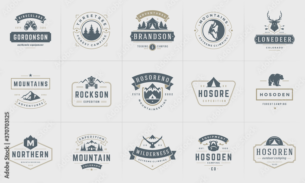 Camping logos and badges templates vector design elements and silhouettes set - obrazy, fototapety, plakaty 