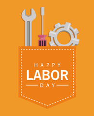 Wall Mural - happy labor day celebration with tools and gears in pocket