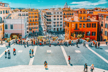 ROME, ITALY- MAY 08, 2017:  Beautiful Landscape  Historical View Of The Rome, Street, People, Tourists On It. Spanish Sqare (Piazza Di Spagna) And Descent From The Spanish Stairs. Italy.
