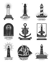 Nautical Shipping Logo Set. Isolated Monochrome Illustrations Of Lighthouses, Anchor And Ship. For Marine Navigation Emblem, Sea Travel, Cruise Label Templates