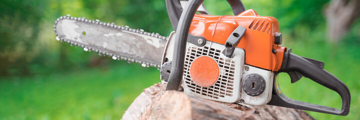 chainsaw lies on sawn logs among the greenery of the forest, selective focus blurred background