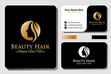 Wall Mural - feminine luxury and Beauty woman hair salon gold gradient logo. nature cosmetic, skin care business logo with business card design