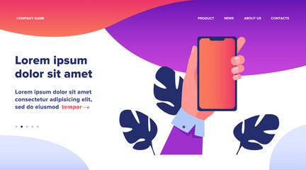 Poster - Human hand holding mobile phone. Person using apps on smartphone flat vector illustration. Technology concept for banner, website design or landing web page