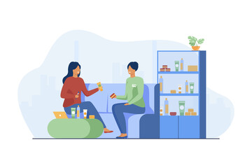 Smiling girl choosing cosmetics and skincare cream. Consultant, client, conversation flat vector illustration. Communication and make-up store concept for banner, website design or landing web page