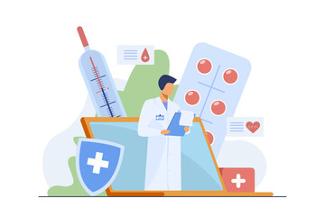 Poster - Doctor in laptop screen reading disease history. Computer, pill, therapist flat vector illustration. Medicine and healthcare concept for banner, website design or landing web page