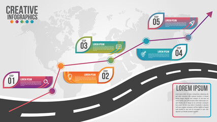 Wall Mural - world map business infographics 5 step options vector illustration and design template with road tim