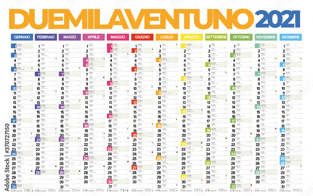 2021 italian calendar with italian holidays, zodiac , saints, moon phases, astronomical events, sunset and sunrise - obrazy, fototapety, plakaty 