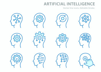 Aufkleber - artificial intelligence line icons set. blue vector illustration. editable stroke.