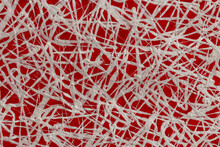 White Chaotic Lines On Red, Abstract Background Made Of Irregular Lines Net
