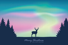 Christmas Greeting Card With Deer On Aurora Borealis Sky Background Vector Illustration EPS10