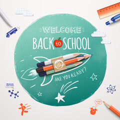 Welcome back to school. Rocket ship launch made with colour pencils. Realistic school items and elements. Welcome back to school banner. Vector illustration EPS 10