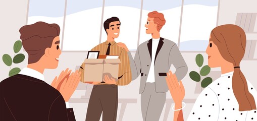 Poster - People welcome new team member in the office. Colleague introduction and acquaintance. First day at work concept. Friendly coworkers applauding, meeting employee. Flat vector cartoon illustration