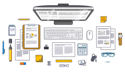 Fototapete - Office employee or entrepreneur work desk workplace with PC computer and analytics papers with graphs and data and stationery objects on table. All elements are easy to use separately. Vector.