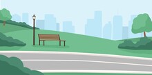 Morning City Park, Empty Public Place, High Rise Buildings. Cityscape With Trees, Bushes, Lanterns, Bicycle Path, Benches. Morning Serenity, Daytime Park. Flat Vector Illustration In Cartoon Style