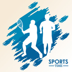 Sticker - athletic men practicing tennis and running sport silhouettes