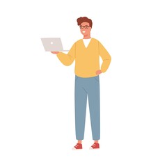 Poster - Smiling programmer, coder, businessman, IT worker, specialist holding, watching laptop. Young man, boy, teenager student. Remote work. Flat vector cartoon illustration isolated on white background
