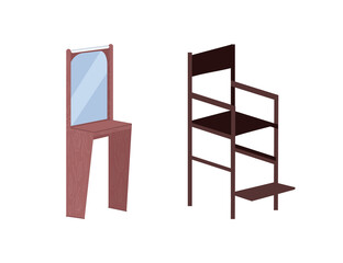 Poster - Mirror and high chair flat color vector objects set. Dressing table. Barbershop customer seat. Beauty salon furniture isolated cartoon illustration for web graphic design and animation collection