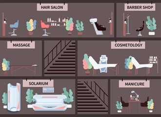 Poster - Beauty salon equipment flat color vector object set. Solarium. Cosmetology and massage table. Barber shop and hair salon. Isolated cartoon illustration for web graphic design and collection