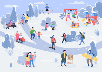 Poster - Rest in winter park flat color vector illustration. Children playing with snow. Enjoyment. Outdoor recreation area with visitors in winter 2D cartoon characters with snowy trees on background