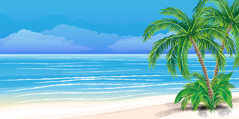 Wall Mural - Illustration with beautiful tropical beach and palm trees.