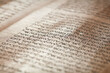 Ancient and precious Torah scroll, closeup on writing