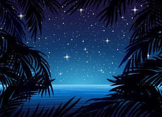 Wall Mural - Illustration with palm leaves on the background of the ocean and night starry sky.