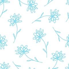  Gentle calm floral vector seamless pattern. Light blue outline of flowers, twigs on a white background. For prints of fabric, textile products, packaging, clothing.