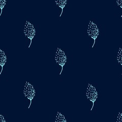 Simple floral vector seamless pattern. Light blue contour of flowers on a dark background. For prints of fabric, textile products, clothing, men's shirts.