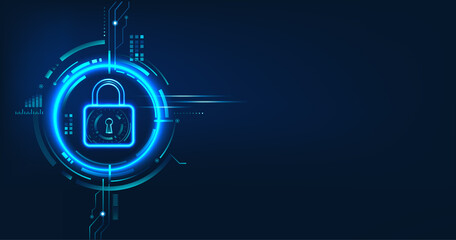 Data security concept design for personal privacy, data protection, and cyber security. Padlock with Keyhole icon on blue background.