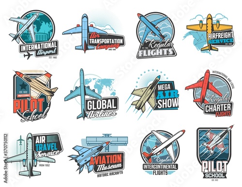 Aviation and air flight icons, airplane pilot school and aircraft museum, vector signs. Air flight aviators academy, global airlines and flights travel, air transportation freight delivery service