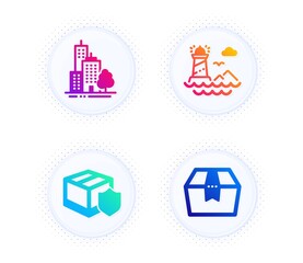 Poster - Lighthouse, Delivery insurance and Skyscraper buildings icons simple set. Button with halftone dots. Package box sign. Navigation beacon, Parcel protection, Town architecture. Delivery goods. Vector