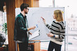 © BullRun - Smart young woman writing plan scheme on flipchart during training session conducting by successful male coach in university.Professional teacher checking graphic drawn on board by hipster student