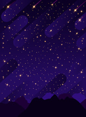 starry sky with bright and dim stars in the mountains. dark starry background. vertical vector illus