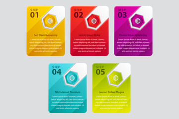 Poster - Infographic template with 5 hexagon with line icons, process chart, vector eps10 illustration. Rectangle shape as background and hexagon as element banner place for icon. diagonal gradient element.