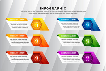 Poster - Infographic template with 6 hexagon with line icons, process chart, vector eps10 illustration. Rectangle shape as background and hexagon as element banner place for icon. 