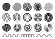  Swirl, twist, spiral set, collection of swirl Memphis design elements, black outline silhouette isolated on white background