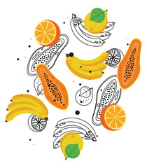 Sticker - fresh local fruits with bananas and papayas in white background