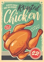 Roasted Chicken Poster In Retro Style Made For Restaurants. Food Flyer With Turquoise Background. Vector Vintage Image.