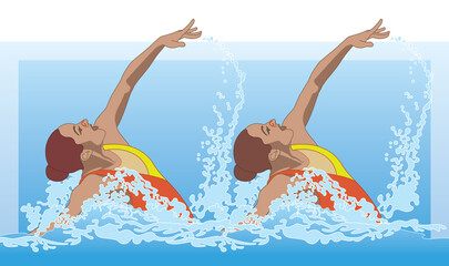 Wall Mural - synchronized swimmers, duet in pose splashing out of water