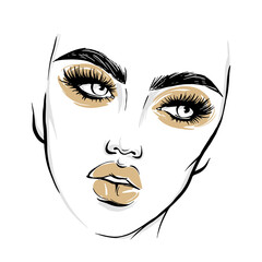 Wall Mural - Vector beautiful woman face. Girl portrait with long black lashes, brows, golden makeup, plump lips.