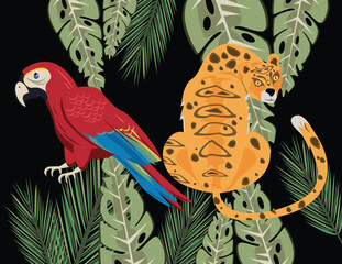 Sticker - wild leopard and parrot animal in the jungle scene