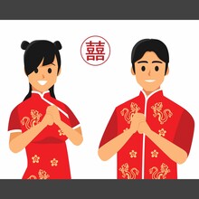 Chinese Couple Boy And Girl Character Wear Sanghai Costume For Celebrate Engagement Or Chinese New Year In Cartoon Illustration Vector In EPS File