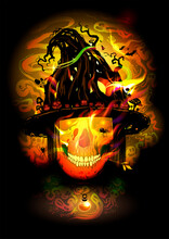 Happy Halloween Card Or Poster With Mystic Witch Skull