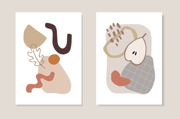 Wall Mural - Set of autumn artistic greeting cards, invitations. Cut pears fruit, line art leaf and abstract geometric shapes. Modern minimalist vector drawings. Fall, Thanksgiving posters, wall art or covers.