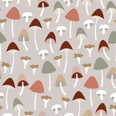 Wall Mural - Seamless pattern with various colorful whole and cut mushrooms. Agaric, chanterelle and galerina fungi vector illustration background. Autumn tile design for textile, fabric and scrapbooking.